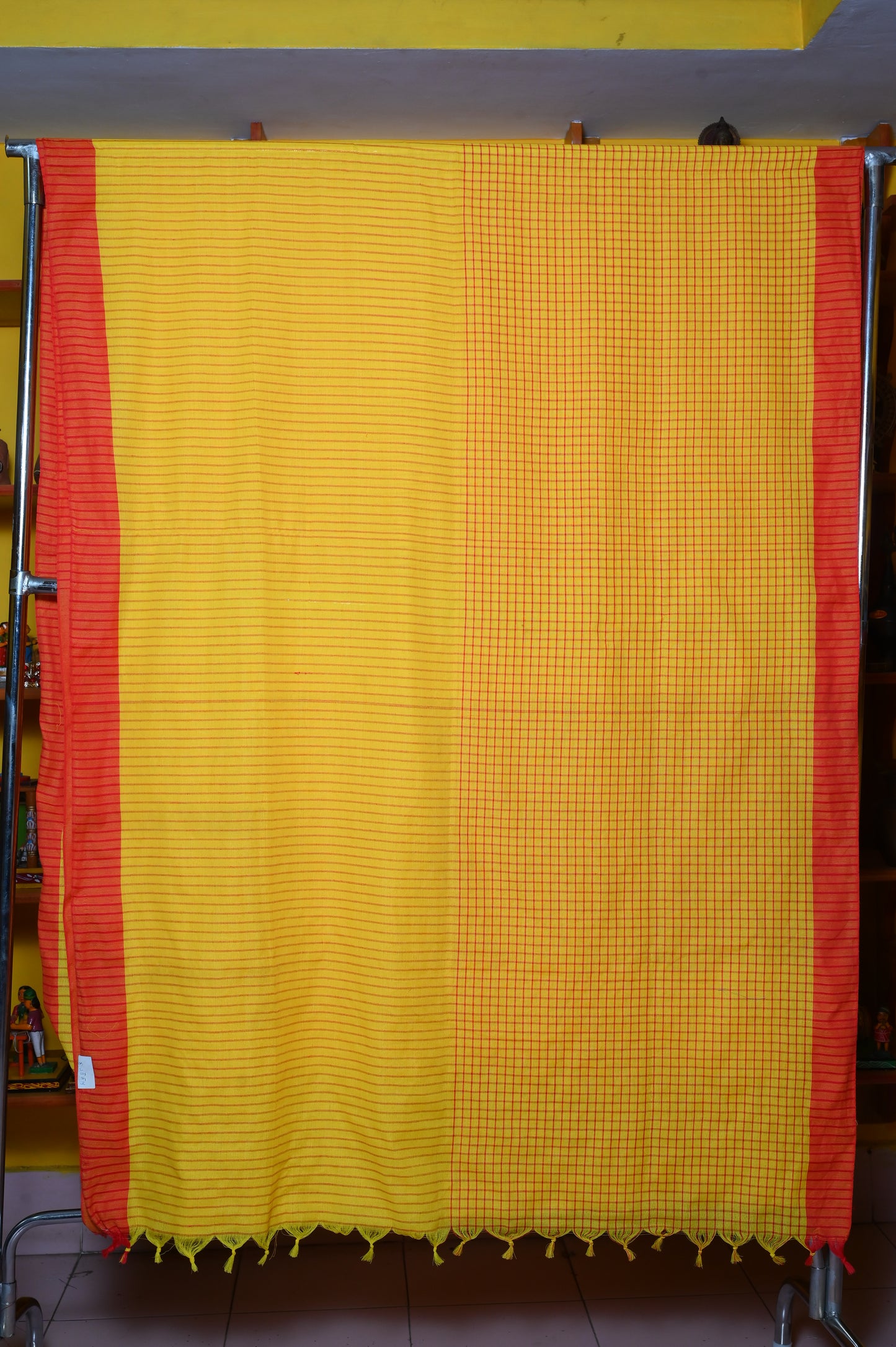 YELLOW-RED CHECKS COTTON HANDLOOM SARI