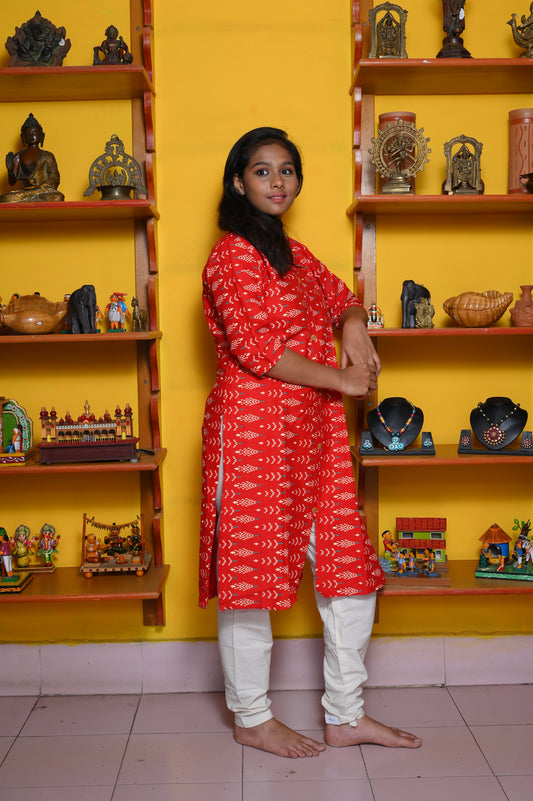 RED COTTON IKKAT KURTA