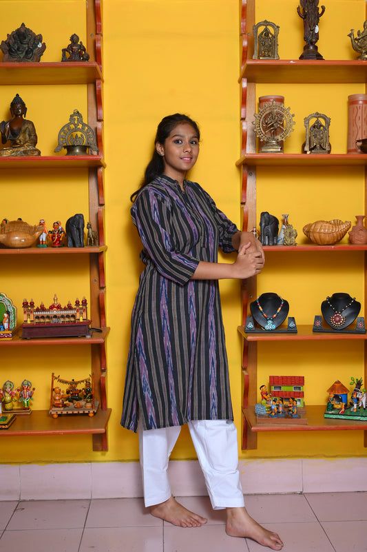 BLACK IKKAT COTTON KURTA