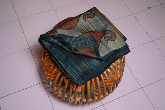 BOTTLE GREEN SILK SARI WITH FINISHED PALLU