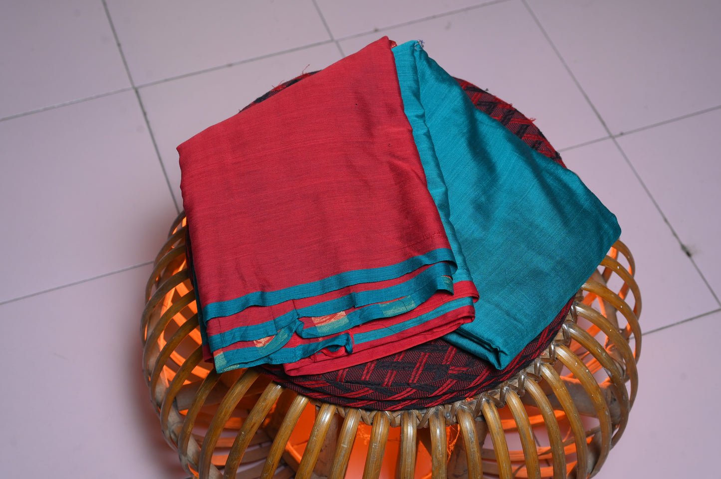 BLUE & RED SPUN COTTON SARI