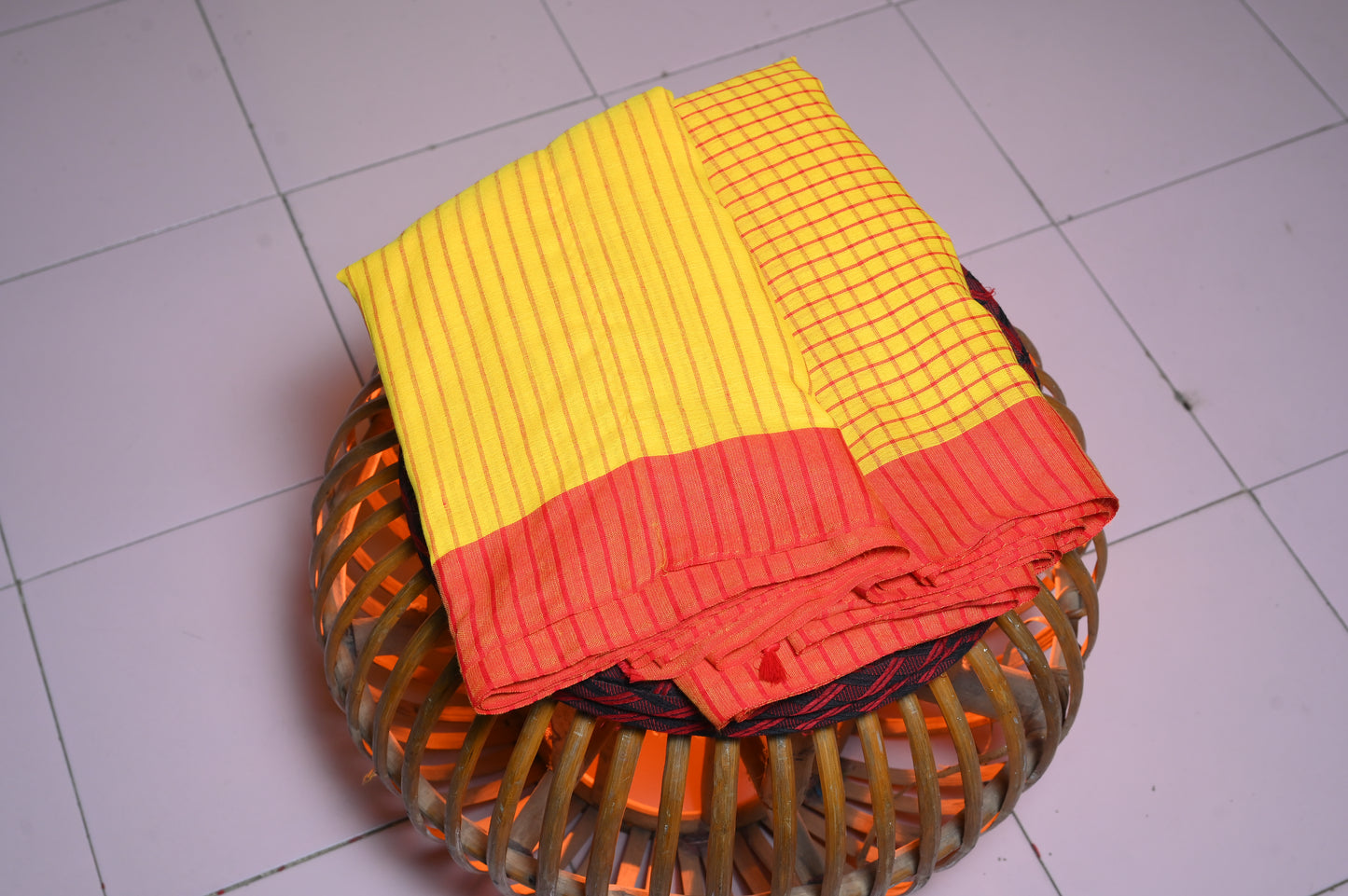 YELLOW-RED CHECKS COTTON HANDLOOM SARI