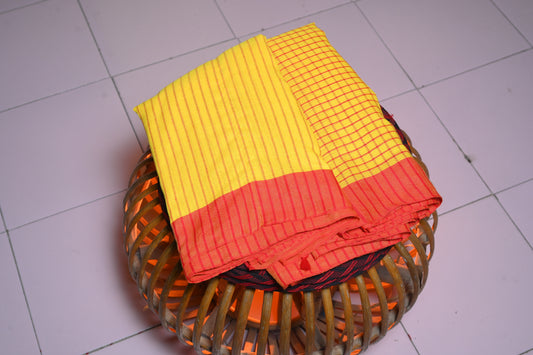 YELLOW-RED CHECKS COTTON HANDLOOM SARI