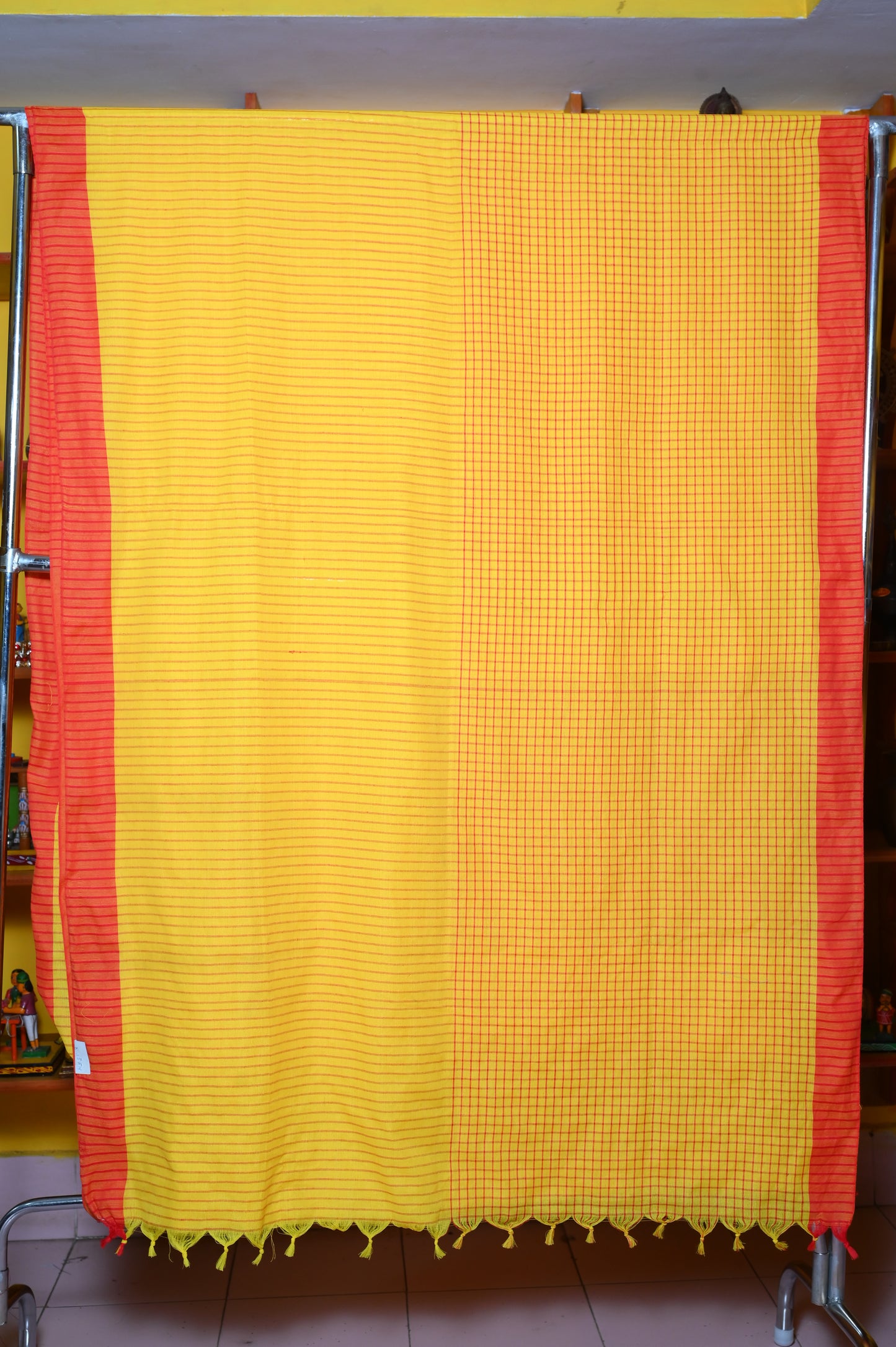 YELLOW-RED CHECKS COTTON HANDLOOM SARI