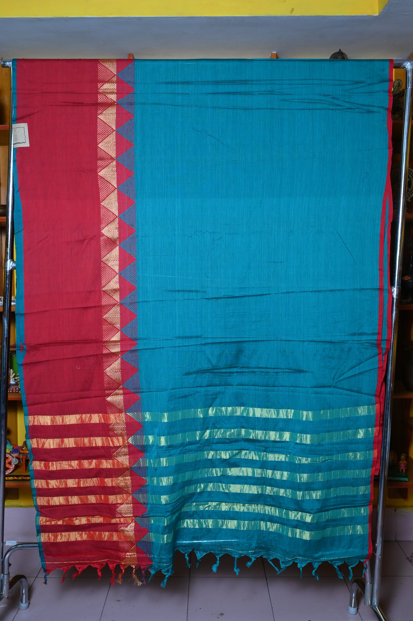 BLUE & RED SPUN COTTON SARI