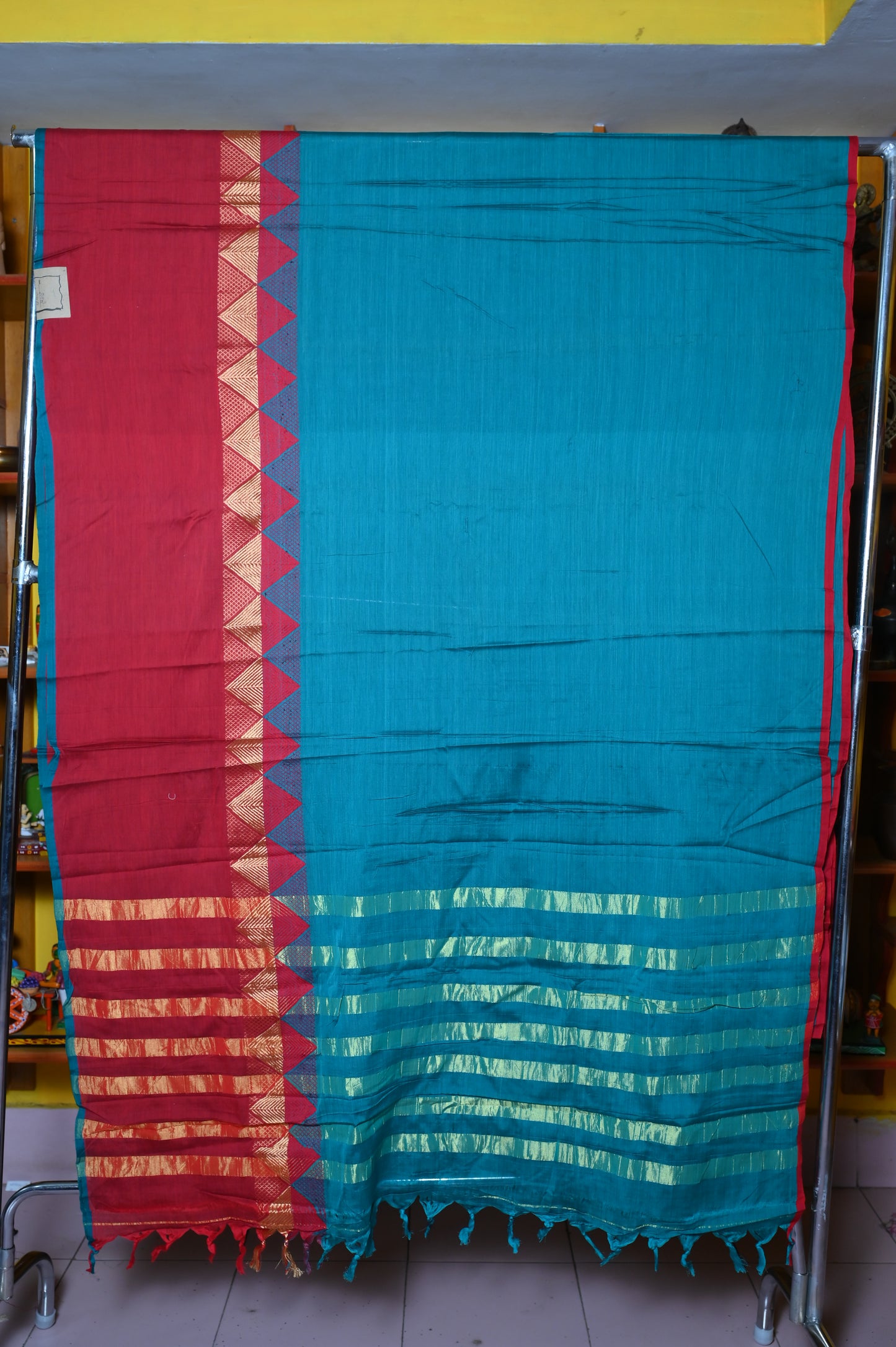 BLUE & RED SPUN COTTON SARI