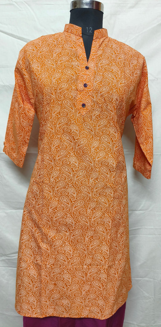 ORANGE COTTON PRINT KURTA